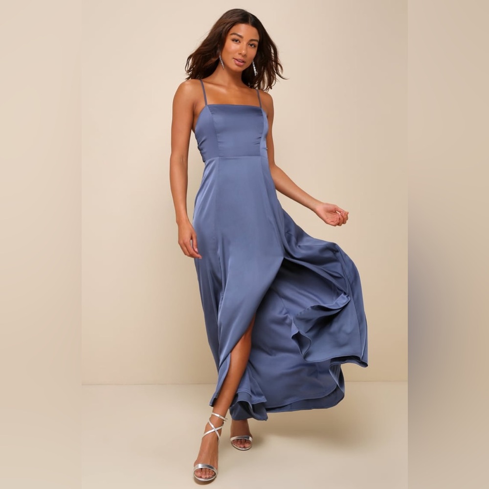 Lulus Serene Sensation Slate Blue Satin Bow Sleeveless Maxi Dress